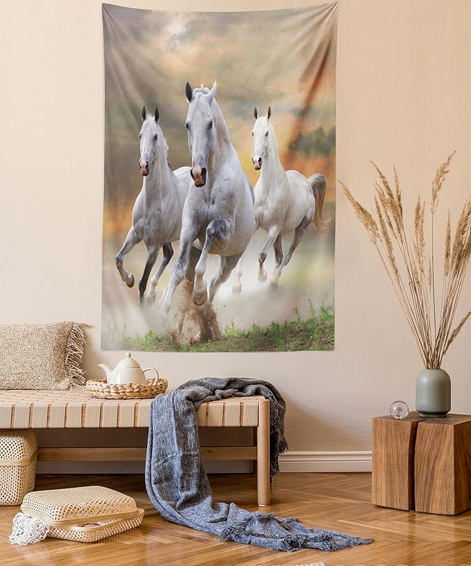 Ambesonne Horses Tapestry Twin Size, Stallion Horses Running on a Sky Background Male Champions Print, Wall Hanging Bedspread Bed Cover Wall Decor, Twin Size, White Orange