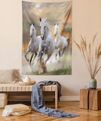 Ambesonne Horses Tapestry, Stallion Horses Running on a Sky Background Male Champions Print, Fabric Wall Hanging Decor for Bedroom Living Room Dorm, 23" X 28", White Orange
