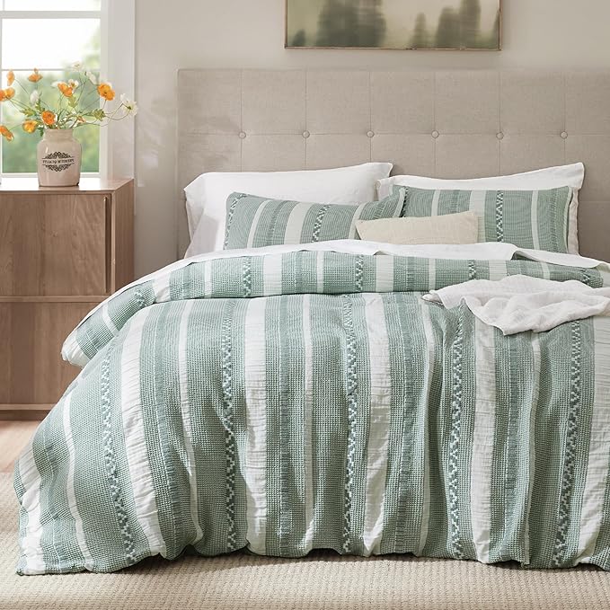 Bedsure Waffle Weave Duvet Cover Queen - 100% Cotton Boho Duvet Cover with 2 Pillowcases - Green Textured Comforter Cover with Zipper Closure (Queen, 90"x90")