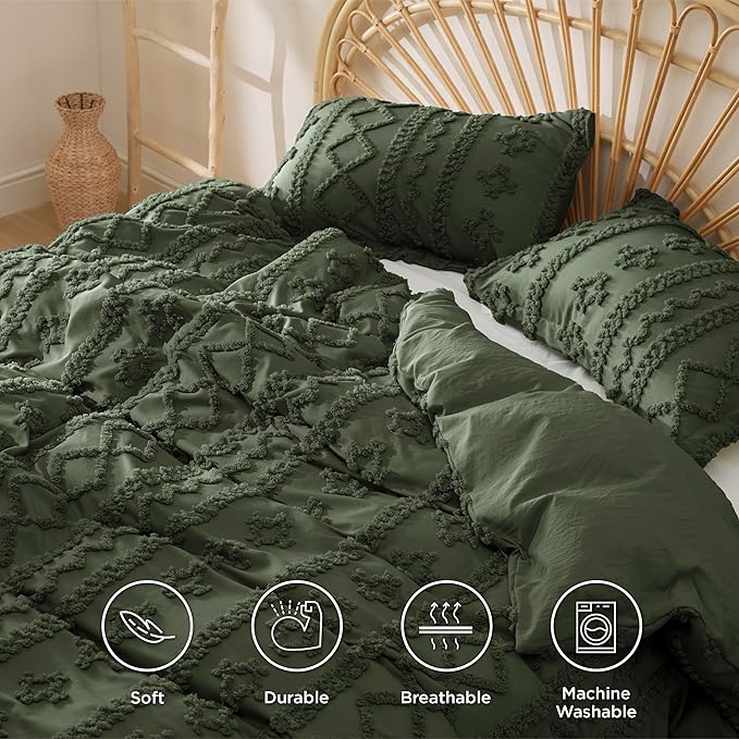 Bedsure Boho Twin Duvet Cover, Soft & Comfortable Elegant Design Boho Bedding for Decoration, Machine Washable Comforter Cover for All Seasons,Includes 1 Duvet Cover & 1 Pillow Sham,Olive Green