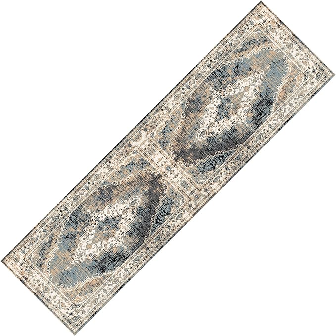 MICRODRY Runner Rug, Low-Profile Design for a Sleek, Bulk-Free Look. Machine Washable, Stain-Resistant, Skid-Resistant Backing, Ideal for Bedroom Hallway, Kitchen, or Entryway, 2x7', Inez (Cream/Blue)
