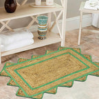 Scalloped Edge Rug, Hand Woven Natural Jute Area Rug, 2x3 Ft Beige & Green Braided Sisal Kilim Rugs for Living Room, Kitchen, Entryway, Farmhouse