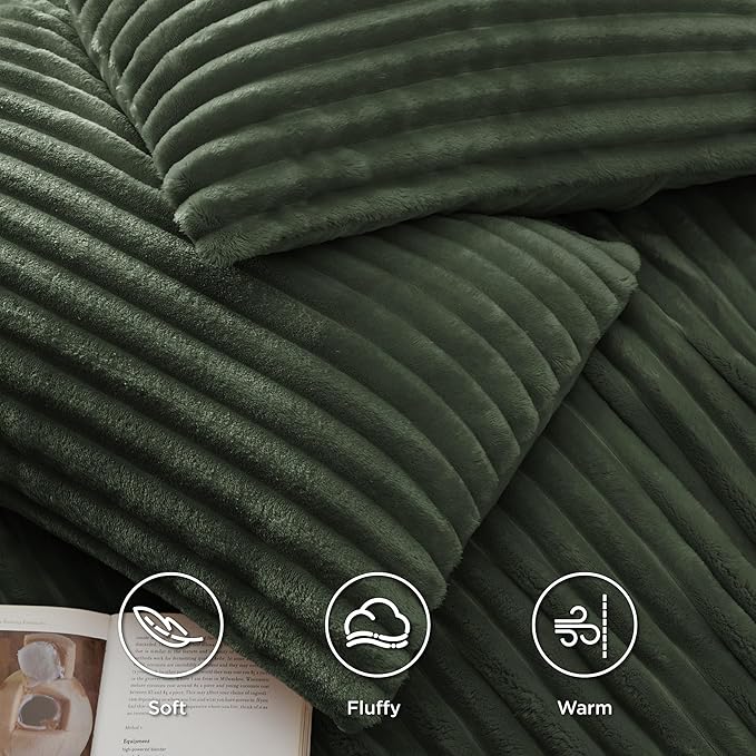 Bedsure Fluffy Duvet Cover Set - Ultra Soft Plush Shaggy Comforter Cover Queen Size, Warm Flannel Fleece Bed Sets for Winter, 3 Pieces (Striped Pattern, Green)