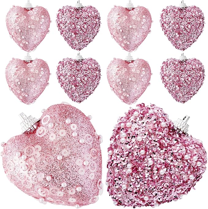 Pink Valentine's Day Heart Ornaments 10Pcs Glitter Sequin Heart Shaped Baubles Decoration Valentines Pearl Foam Hanging Decor(2.36in)