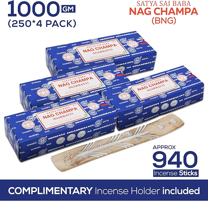 Satya Nag Champa Incense Sticks Bangalore- 250gm x 4 Pack (1000gm) Bundle Natural Hand Rolled Non-Toxic Nagchampa BNG Insense Set with Raajsee Insence Stick Holder for Meditation, Yoga & Joss Sticks