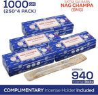 Satya Nag Champa Incense Sticks Bangalore- 250gm x 4 Pack (1000gm) Bundle Natural Hand Rolled Non-Toxic Nagchampa BNG Insense Set with Raajsee Insence Stick Holder for Meditation, Yoga & Joss Sticks
