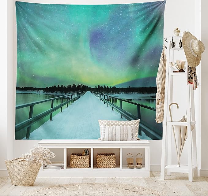 Ambesonne Aurora Borealis Tapestry, Long Mystic Sky over Bridge in Snowy Arctic Frozen River Image, Fabric Wall Hanging Decor for Bedroom Living Room Dorm, 45" X 30", Lime Green Petrol Blue