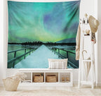 Ambesonne Aurora Borealis Tapestry, Long Mystic Sky over Bridge in Snowy Arctic Frozen River Image, Fabric Wall Hanging Decor for Bedroom Living Room Dorm, 28" X 23", Lime Green Petrol Blue