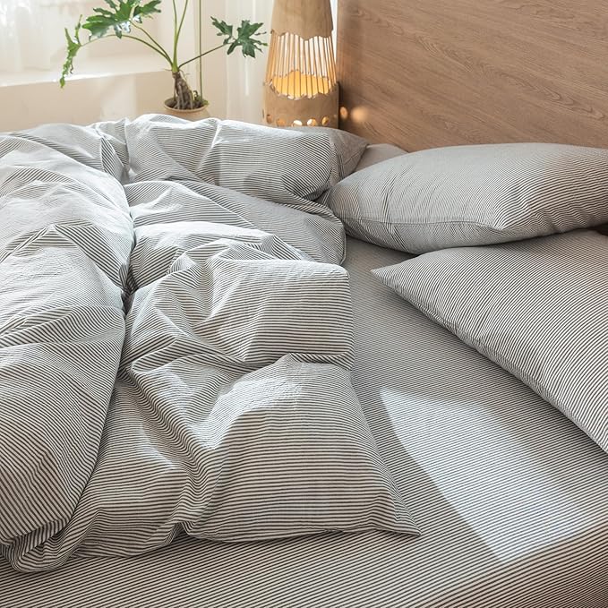MooMee Striped Duvet Cover Set 100% Washed Cotton Linen Like Textured Breathable Durable Soft Comfy (Dark Grey White Pinstripes, Queen 90"x90")