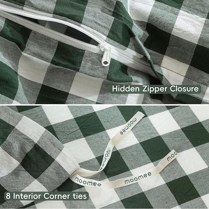 MooMee Gingham Duvet Cover Set 100% Washed Cotton Linen Like Textured Breathable Durable Soft Comfy Modern Checkered Design (Buffalo Plaid Forest Green, Queen 90"x90")