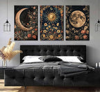 3Pcs Sun and Moon Celestial Canvas Wall Art Vintage Gothic Mystical Crescent Floral Plant Dark Academia Painting Picture Wall Decor Posters Print Artwork for Living Room Bedroom Decoration(24L" x 16W"-Canvas)