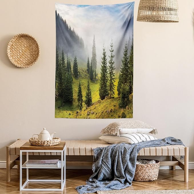 Ambesonne Forest Tapestry Twin Size, Fir Trees on Meadow Between Hillsides Conifer Woodland in Fog Before Sunrise, Wall Hanging Bedspread Bed Cover Wall Decor, 68" X 88", Gray Green