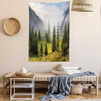 Ambesonne Forest Tapestry Twin Size, Fir Trees on Meadow Between Hillsides Conifer Woodland in Fog Before Sunrise, Wall Hanging Bedspread Bed Cover Wall Decor, 68" X 88", Gray Green
