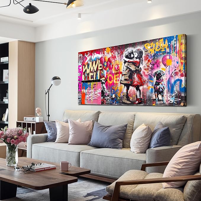 CIRABKY Graffiti Canvas Wall-Art for Dorm Room Girl - Colorful Wall Decor for Living Room - Boy Hugs Girl Print Large Painting Size 24" x 48"