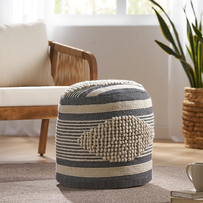 Christopher Knight Home Lucknow Handcrafted Cylinder Pouf - White/Navy Blue