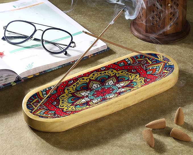 Bless-International Traditional-Handmade-Tray-Burner Wooden-Trat-Incense-Stick-Holder Ash-Catcher-Stand for-Aromatherapy-Meditation-Yoga (Mandala, 11x4x1.22 Inches)
