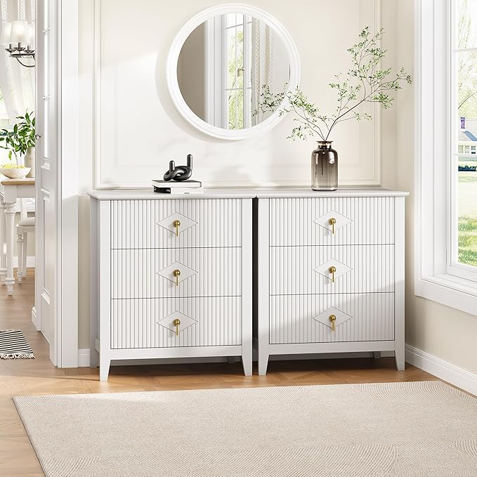GarveeHome Wood Nightstand Fluted Dresser for Bedroom, 27.5" Wide 3-Drawer Bedside Tables, Modern Chest of Drawers, Storage End Table Living Room, Hallway, Entryway, White