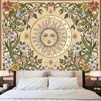 Accnicc Boho Sun and Moon Tapestry Vintage Floral Wall Tapestry for Bedroom Aesthetic Beige Celestial Plant Flower Butterfly Large Tapestries Wall Hanging for Living Room Dorm 80 x 60 Inch