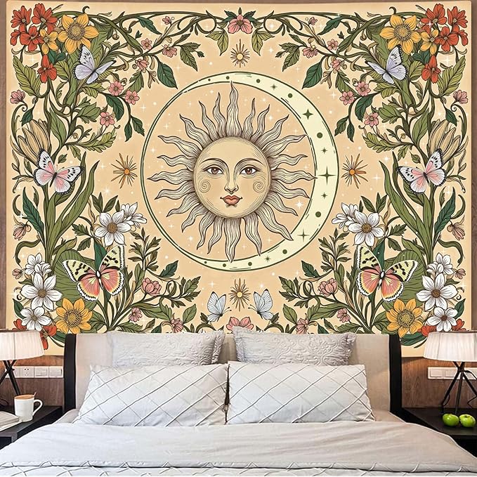 Accnicc Boho Sun and Moon Tapestry Vintage Floral Wall Tapestry for Bedroom Aesthetic Beige Celestial Plant Flower Butterfly Large Tapestries Wall Hanging for Living Room Dorm 80 x 60 Inch