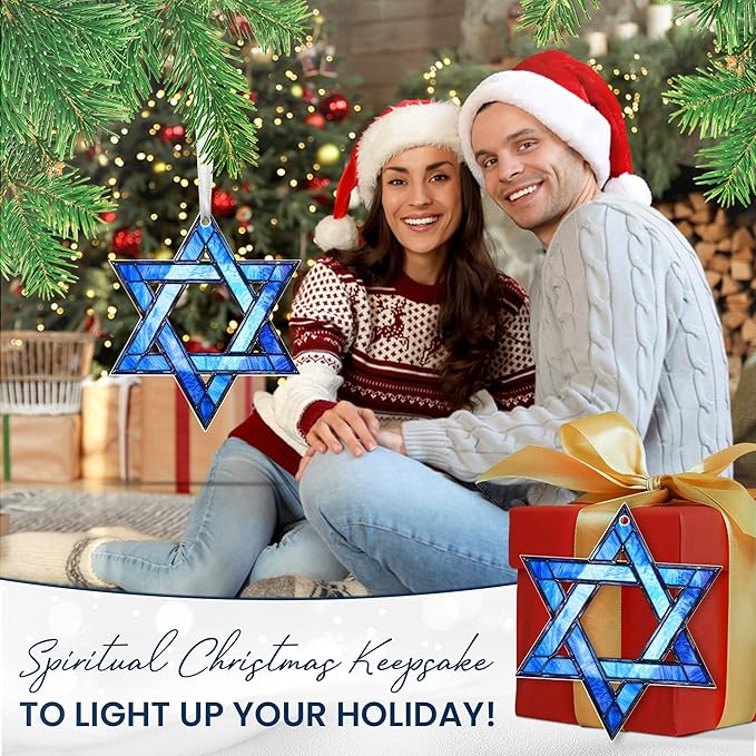 FLAGWIX Christmas Hanukkah Gifts for Women Men - Acrylic Christmas Ornament for Tree Decorations - Hamsa Hand Ornaments Decor, Star of David Tree Topper, Spiritual Religious Gifts for Mom Grandma