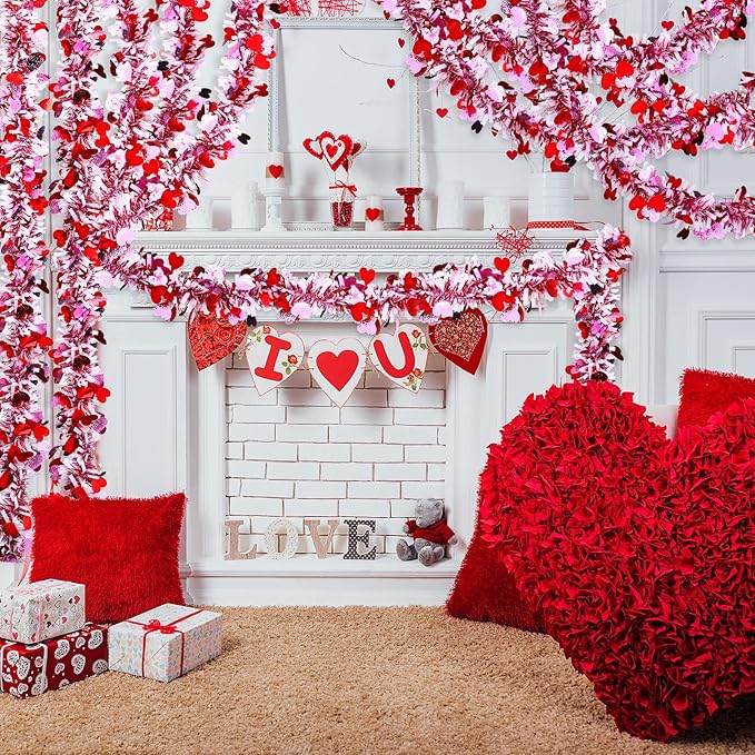 26.2 Feet Valentine's Day Heart Tinsel Garland Love Party Metallic Tinsel Shiny Garland Hanging Decoration for Valentine Wedding Anniversary Party Supplies