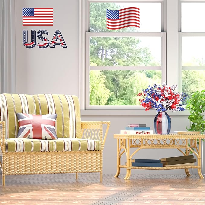 4th of July Red White and Blue Decorations Flowers 12 Bundle Artificial Babys Breath Fake Silk Patriotic Flowers for Independence Day Americana Home Decor Floral Indoor Arrangement Table Centerpieces