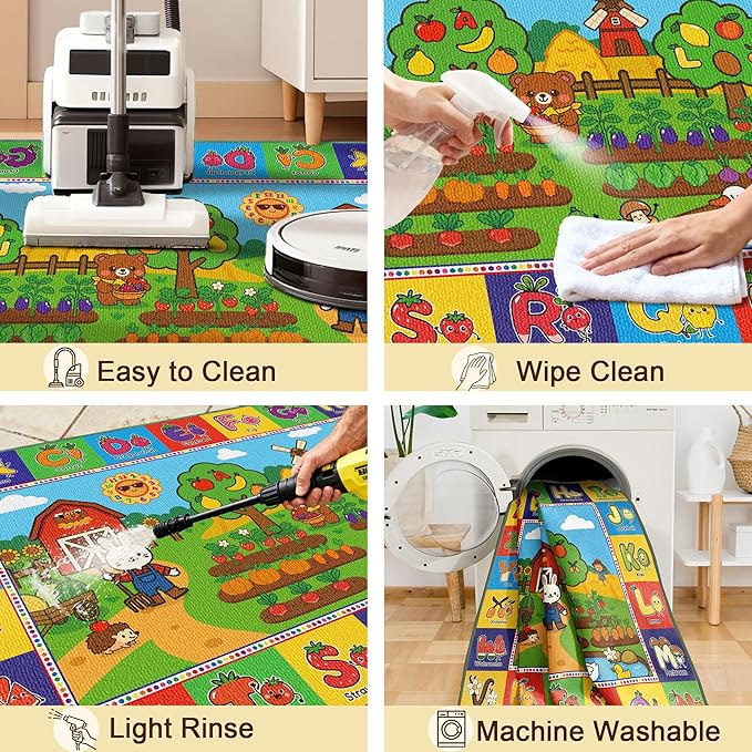 Upgrade Ultra Non Slip Kids ABC Rug for Kids Playroom, 3x5 Washable Alphabet Educational Learning Play Mat for Toddlers Baby Boys Girls, Colorful Farm Carpet for Nursery, Classroom & Bedroom, 36"x60"