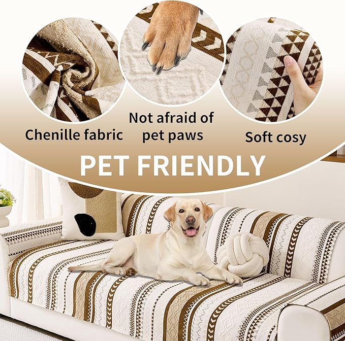HAOMAIJIA Boho Couch Covers for Sofa, Waterproof Couch Cover for Dogs Soft Chenille Jacquard Non Slip Sofa Covers for Pets Washable Couch Protector (Brown, 36.5" x 62" 1 Pack)