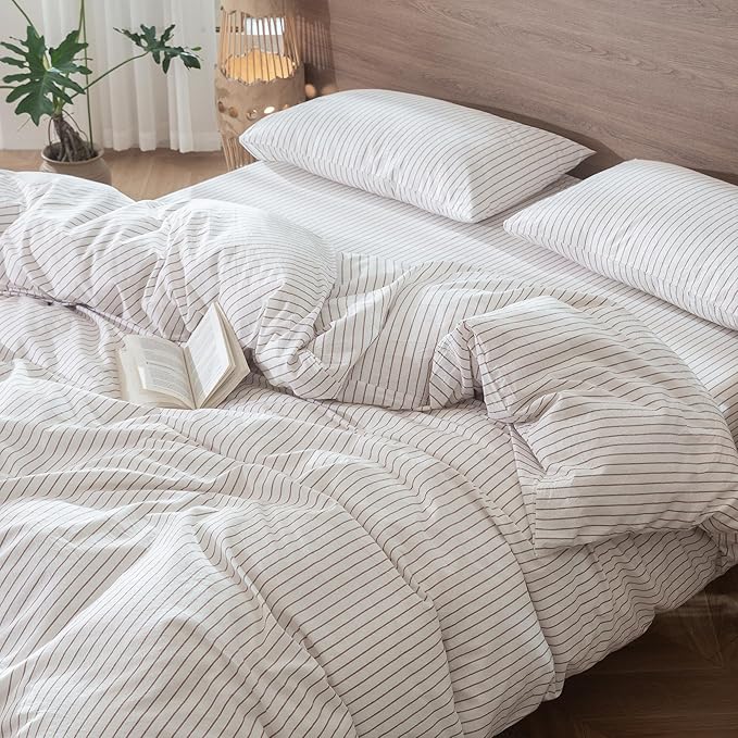 MooMee Striped Duvet Cover Set 100% Washed Cotton Linen Like Textured Breathable Durable Soft Comfy (White Orange Wide Stripes, Super King 108"x98")