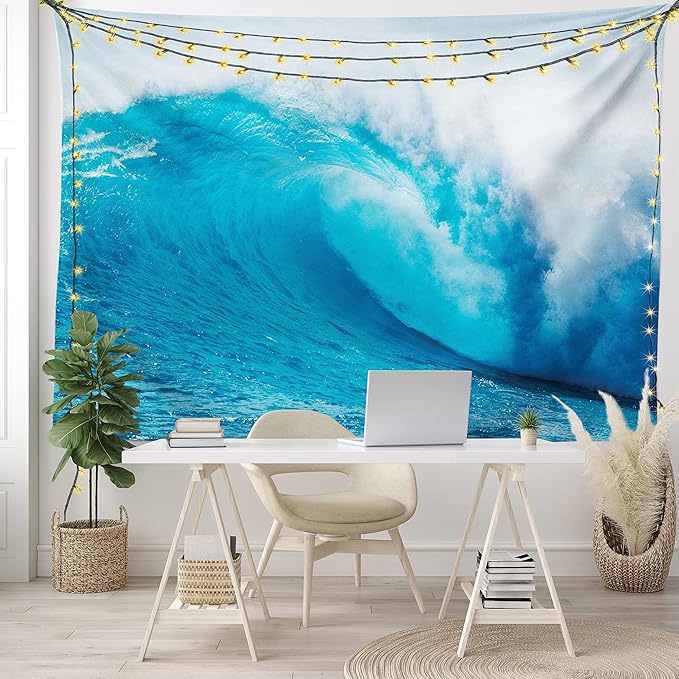 Ambesonne Ocean Tapestry, Wavy Ocean Adventurous Surfing Extreme Water Sports Summer Holiday Destination Print, Fabric Wall Hanging Decor for Bedroom Living Room Dorm, 30" X 45", Aqua White