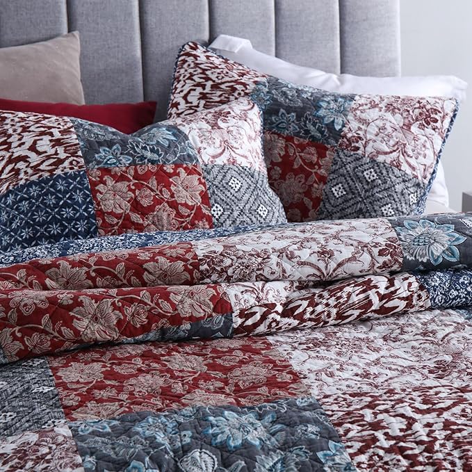 Secgo King Size Comforter Set- 100% Cotton Quilt King Size Set, Burgundy bedspreads (96 * 108 Inch) with 2 Pillow Shams, Patchwork Reversible Lightweight Bedding
