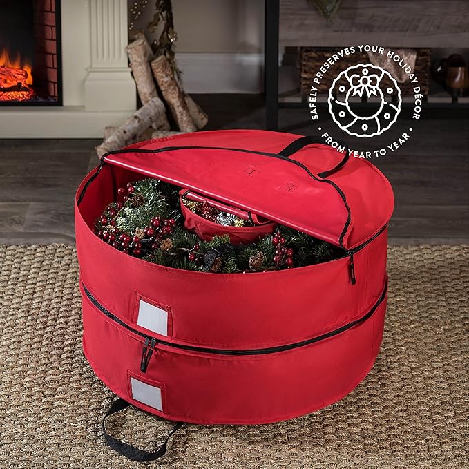 ZOBER Christmas Wreath Storage Container 24 Inch - Wreath Bag Fits 2 Wreaths Box - 600D Oxford Fabric - Interior Compartment for Storing Garlands, Wreaths Storage Bag W Strong Durable Handles - Red