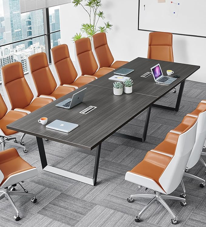 Sturdy Conference Table with Cable Management Grommets Modern Rectangle Office Meeting Table with Wood Tabletop and Metal Frame & Legs- Easy Assembly Boardroom Table (Grey, 12 Foot)