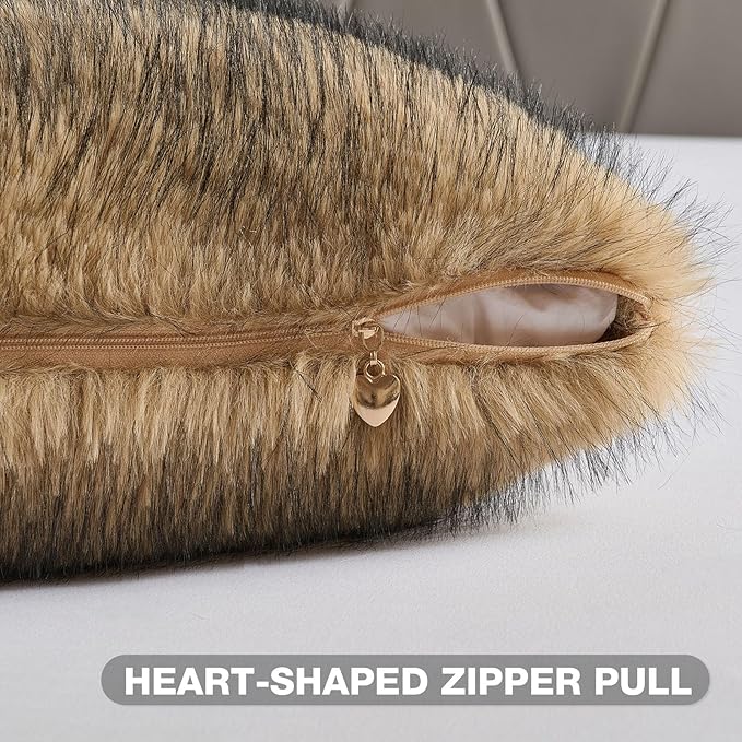 FUTEI Tawny Decorative Throw Pillow Covers 18x18 Inch Set of 2,Soft Faux Raccoon Fur Textured Cushion Case,Modern Home Luxurious Decor for Couch Bed Living Room