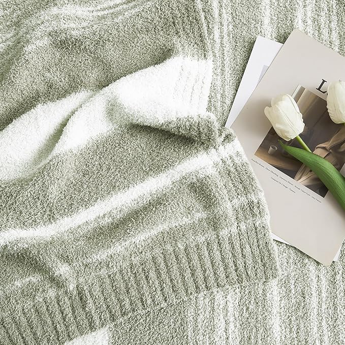 WRENGONGE Sage Green Throw Blanket, 50x70 Soft Cozy Striped Throw Blankets for Couch, Sofa, Bed, Travel, Lightweight Fluffy Warm Plush Decorative Blankets for Women, Men Gift