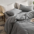 MooMee Striped Duvet Cover Set 100% Washed Cotton Linen Like Textured Breathable Durable Soft Comfy (Dark Grey White Wide Stripes, King 104"x90")