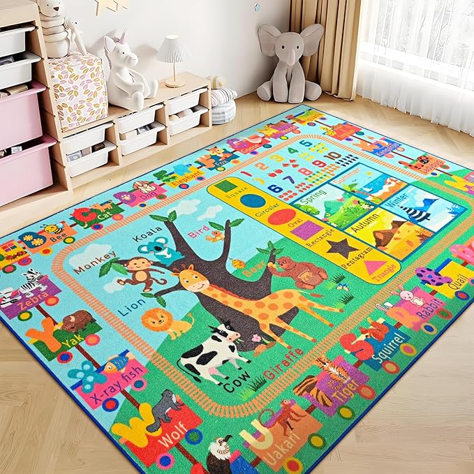 Kids Rug for Playroom, 4x6 ABC Educational Carpet for Classroom, Fun Alphabet Area Rugs for Learn Numbers Season Animal Weather and Shapes Playmat for Girls Boys Room Nursery Decor