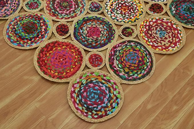 Scalloped Edge Rug, Hand Woven Natural Chindi Cotton and Jute Area Rug, 8x11 Ft Beige & Multicolor Braided Kilim Rugs for Living Room, Kitchen, Entryway, Farmhouse