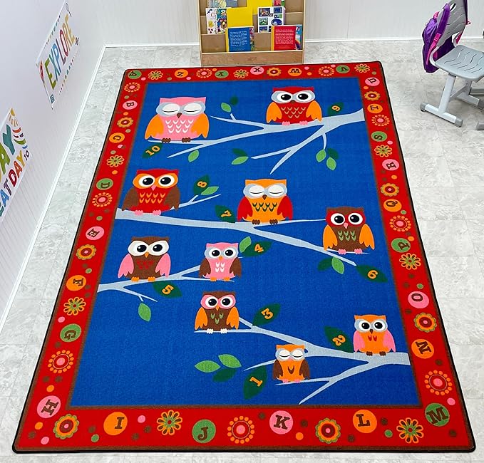 KIDCARPET.COM Hoot Hoot Owls Rectangle Classroom Rug | Bordered Area Rug for Preschool Daycare Learning, 6' x 8'6"