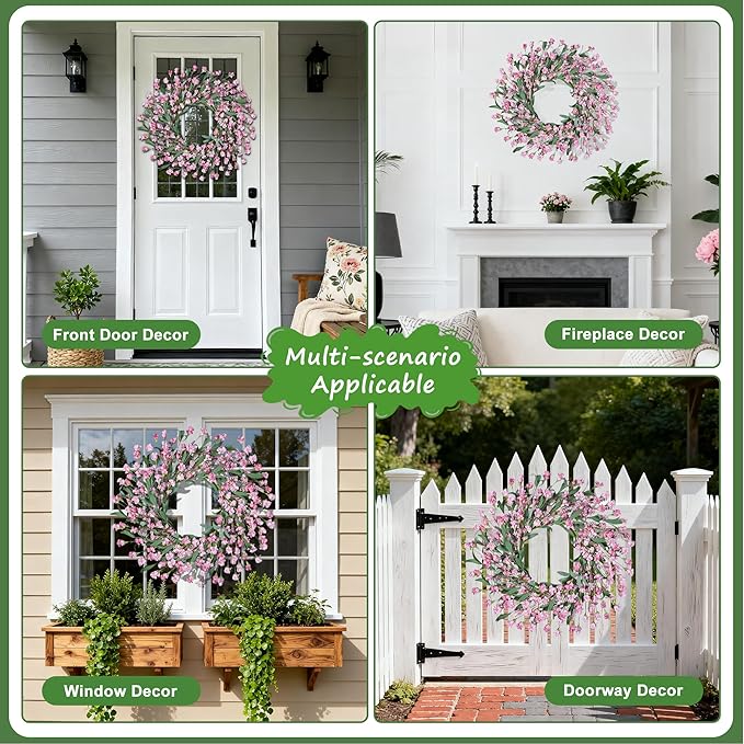 Wreaths for Front Door, 24 Inch Spring/Summer Front Door Wreath, Pink Paper Flower Wreath for All Seasons for Indoor Home Wall Window Office Wedding Farmhouse Decor (Pink)