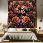 Ambesonne Hippie Tapestry Queen Size, Mystic Rose Flowers and Oriental Mandala Skeleton Lovers Goth Art Skulls, Wall Hanging Bedspread Bed Cover Wall Decor, 88" X 88", Vermilion Dark Magenta