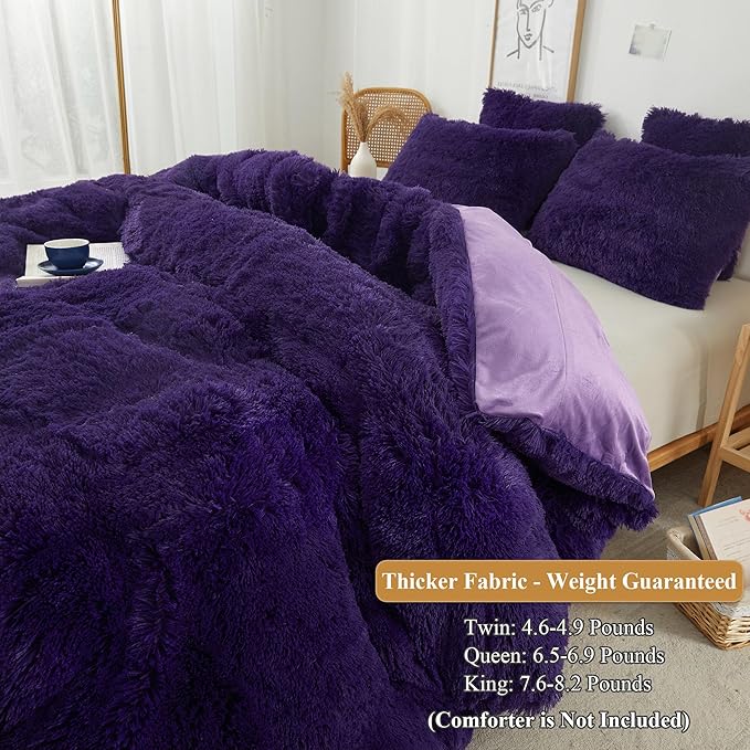 XeGe Plush Shaggy Duvet Cover Set, Luxury Ultra Soft Velvet Fluffy Furry Bedding Sets 3 Pieces(1 Faux Fur Fuzzy Comforter Cover + 2 Faux Fur Throw Pillow Shams), Zipper Closure (Queen, Purple)