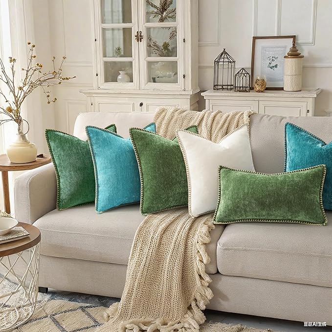 decorUhome Spring Chenille Soft Cozy Throw Pillow Covers 24x24 Set of 2, Modern Farmhouse Boho Velvet Decorative Euro Sham Pillow Cases with Stitched Edge for Couch Sofa Bed Home Decor, Forest Green