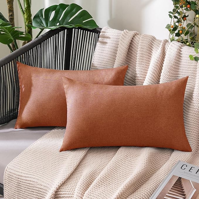 MIULEE Pack of 2 Decorative Outdoor Solid Waterproof Throw Pillow Covers Faux Linen Garden Farmhouse Cushion Cases for Summer Patio Tent Balcony Couch Sofa 20x12 Inch Rust