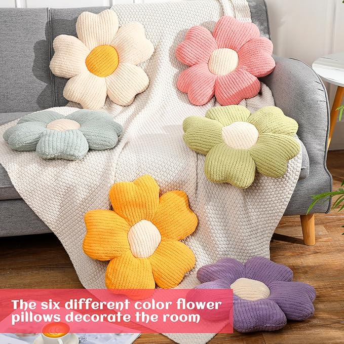 6 Pcs Flower Shaped Pillows Daisy Floor Throw Pillows 15 Inch Flower Seat Cushion for Reading Sofa Couch Bed Decor for Back to School First Day of School(Bright Color)