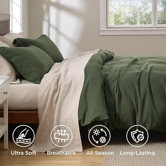 Bedsure Luxury Waffle Duvet Cover King Size - Textured Duvet Cover Set, Soft, Breathable Bedding Set (104"x90") with 2 Pillow Shams for All Season, Olive Green, Comforter Not Included