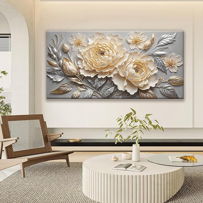 Large Canvas Art Wall Decor Print Silver White Flowers Wall Art Picture Modern Landscape Artwork Painting Home Wall Decor Picture For Bedroom Living Room Home Office Prints Artwork 29" X 58"