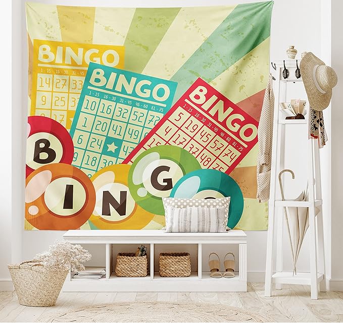 Ambesonne Vintage Tapestry, Bingo Game with Ball and Cards Pop Art Lottery Hobby Celebration Theme, Fabric Wall Hanging Decor for Bedroom Living Room Dorm, 45" X 30", Teal Multicolor
