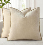 decorUhome Spring Chenille Soft Cozy Throw Pillow Covers 22x22 Set of 2, Modern Farmhouse Boho Velvet Decorative Euro Sham Pillow Cases with Stitched Edge for Couch Sofa Bed Home Decor, Beige