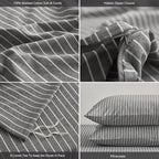 MooMee Striped Duvet Cover Set 100% Washed Cotton Linen Like Textured Breathable Durable Soft Comfy (Dark Grey White Wide Stripes, Palatial King/Oversized King 120"x98")